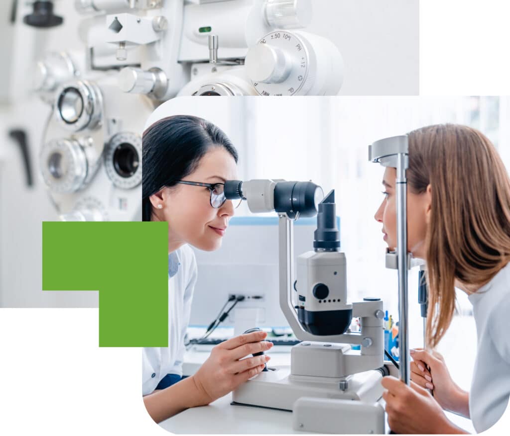 Ophtalmologue et patiente entrain de réaliser une consultation spécialisée au centre Neovision à Liège (centre ophtalmologique)